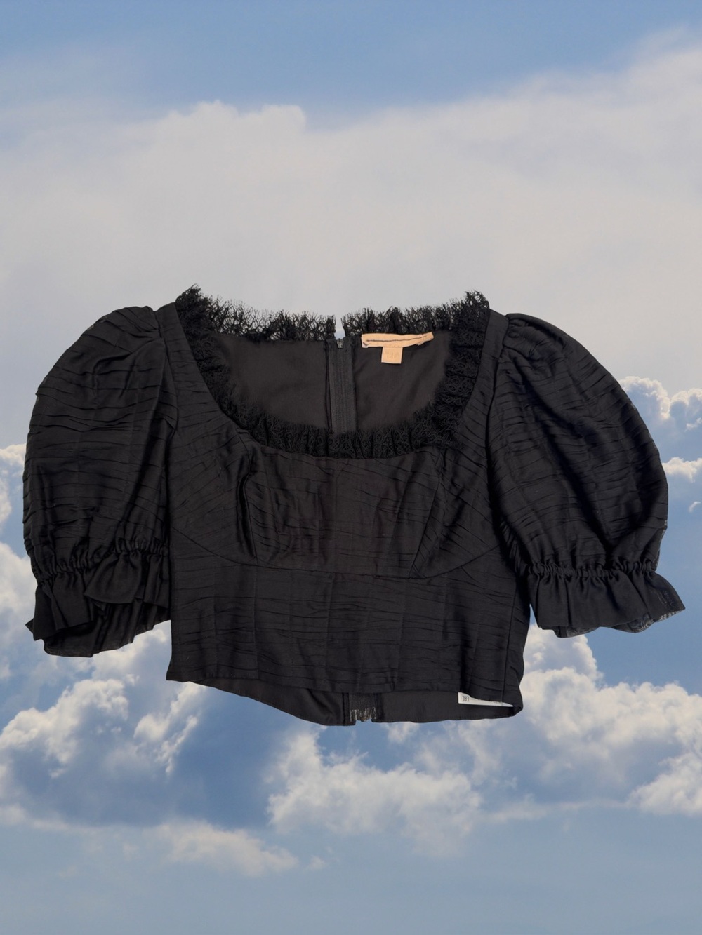 Brock Collection Square-Neck Black Puff-Sleeve Bustier Crop Top with Lace Trim